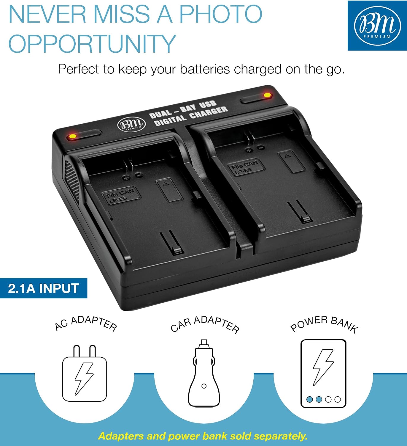BM LP-E6, LP-E6N Dual Bay Battery Charger for Canon EOS R, EOS 90D, EOS 60D, EOS 70D, EOS 80D, EOS 5D II, EOS 5D III