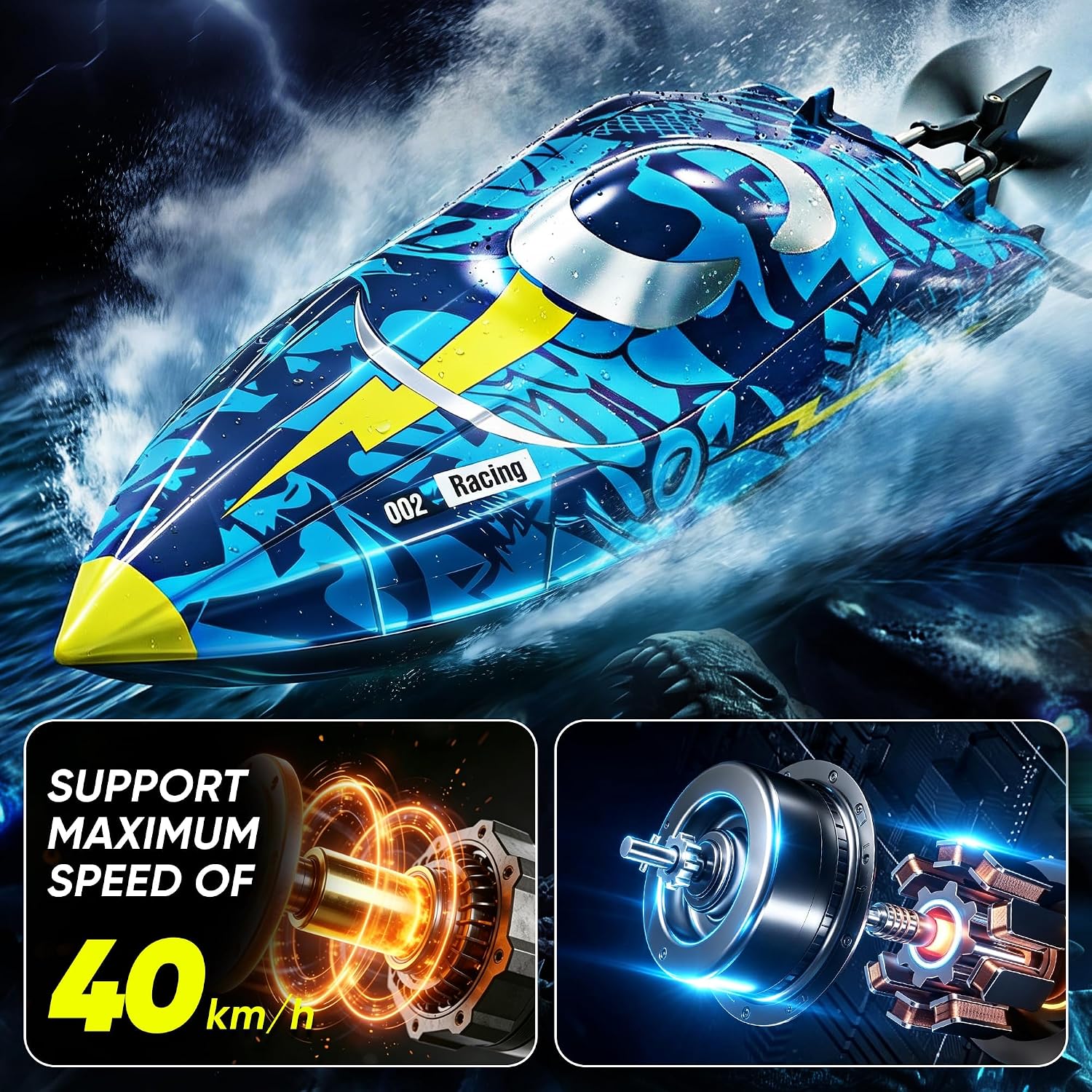 16 Inch High-Speed RC Boat for Adults & Kids, 40+ KPH Large Fast Remote Control Boat for Pools, Lakes & Rivers, with