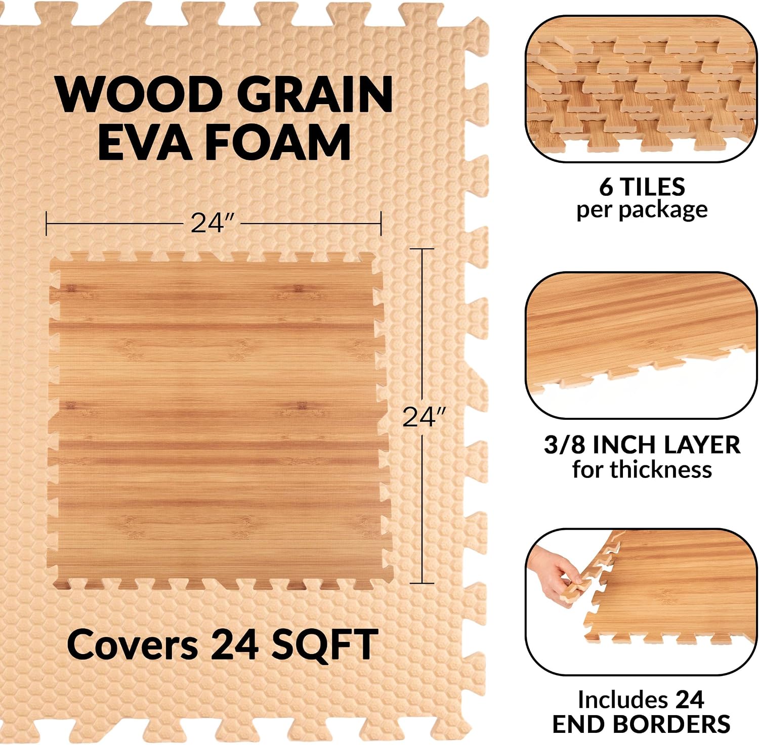 EVA Foam Floor Tiles 6-Pack - 24 SQFT Puzzle Mats for Floor - Interlocking Foam Tiles for Family Room or Gym Flooring