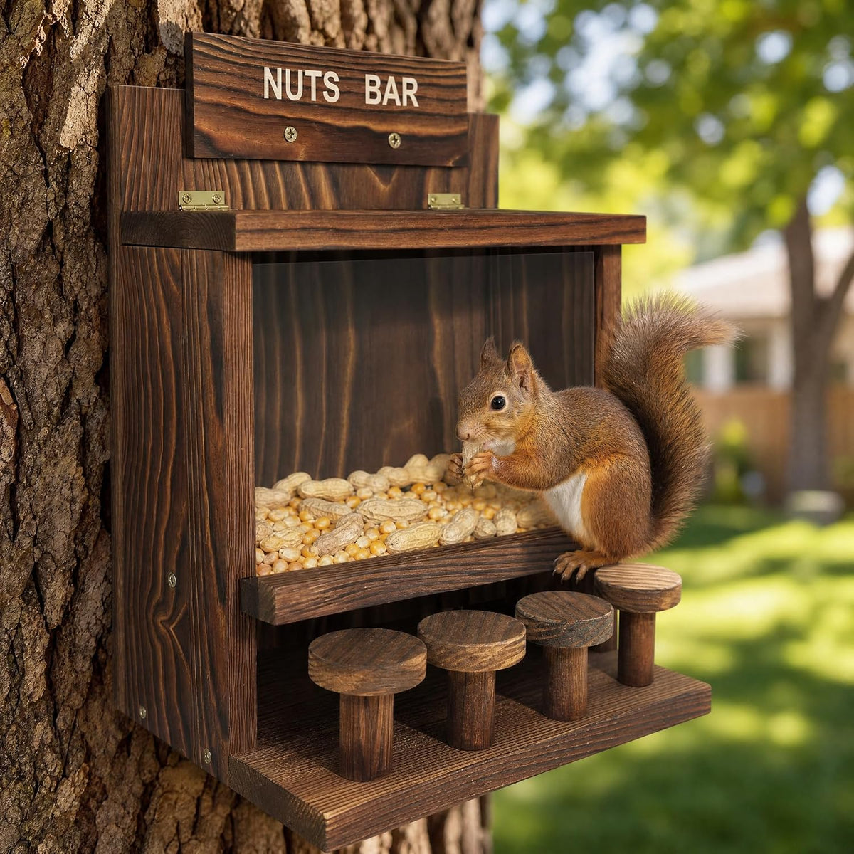 Wooden Squirrel Feeder, Squirrel Bar Feeder with 4 Stools, Large Capacity Outdoor Squirrel Feeder, Weatherproof