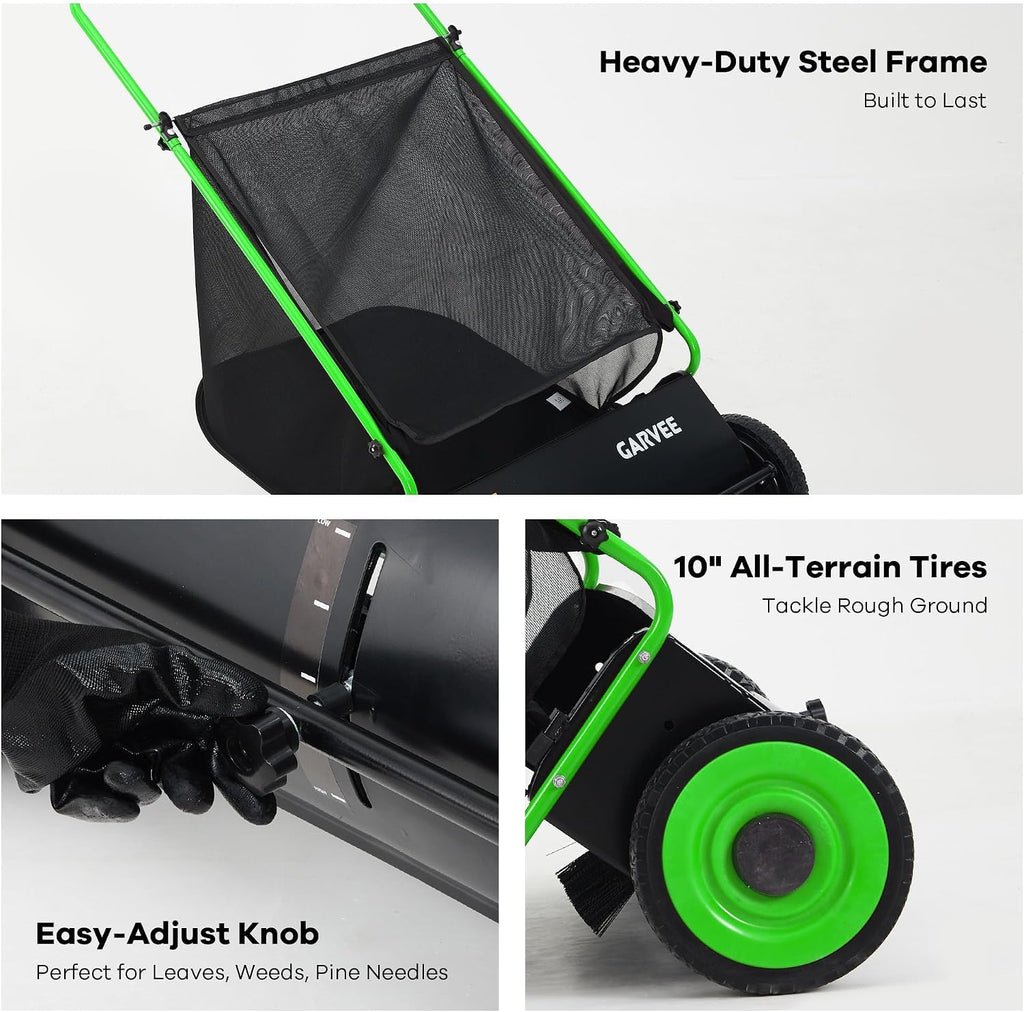 Push Lawn Sweeper, 26 in Leaf & Grass Collector with 7 cu. ft. Hopper Bag, Heavy Duty Yard Sweeper with Clear Dust