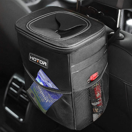 Car Trash Can with Lid and Storage Pockets - 100% Leak-Proof Organizer, Waterproof Garbage Can, Multipurpose Trash