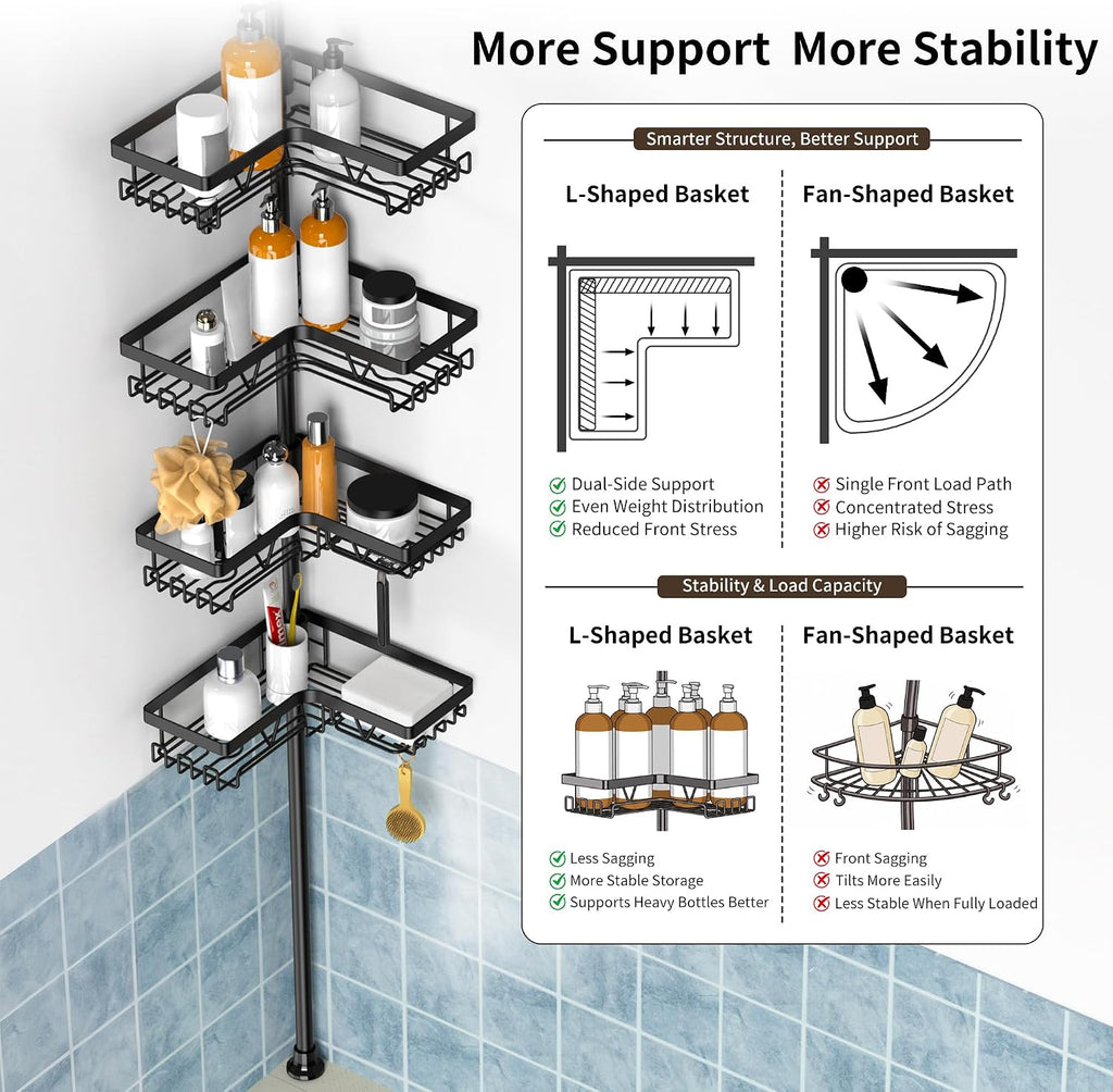 Corner Shower Caddy Tension Pole, Large Capacity Bathroom Organizer | 28 Hooks with Soap and Razor Holders, Heavy