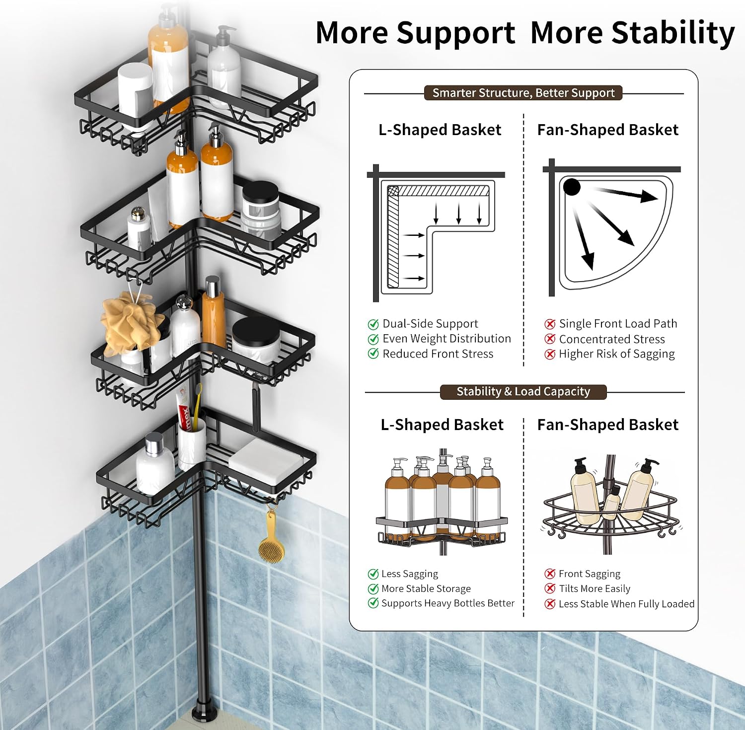 Corner Shower Caddy Tension Pole, Large Capacity Bathroom Organizer | 28 Hooks with Soap and Razor Holders, Heavy