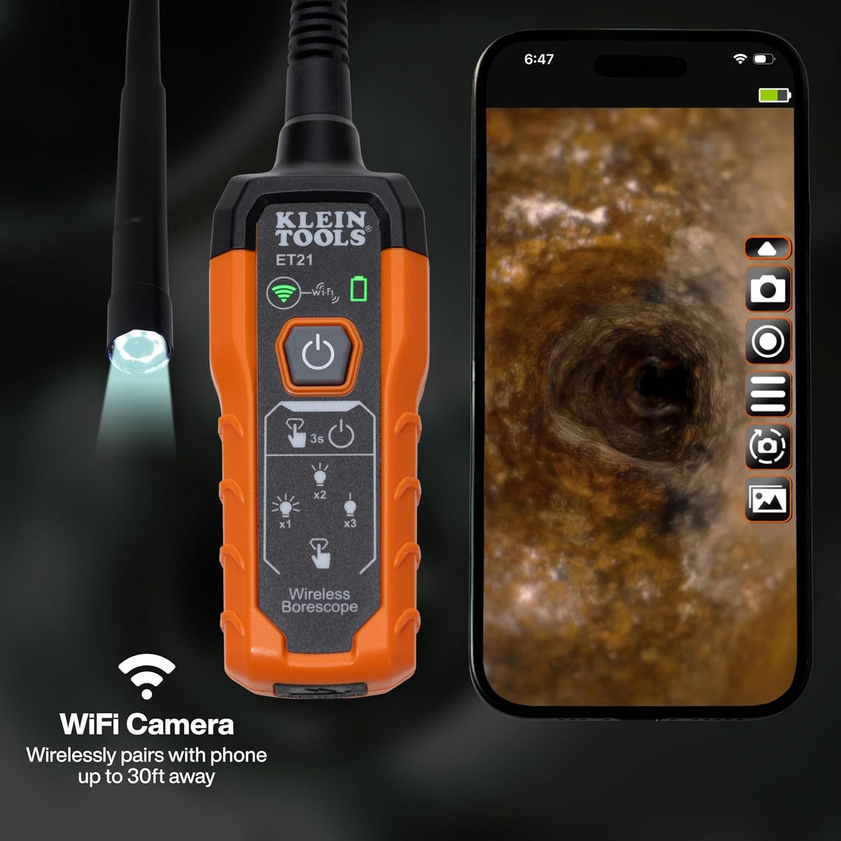 Klein Tools ET21 WiFi Borescope with Light, 5.5 mm 5-Foot Waterproof Snake
