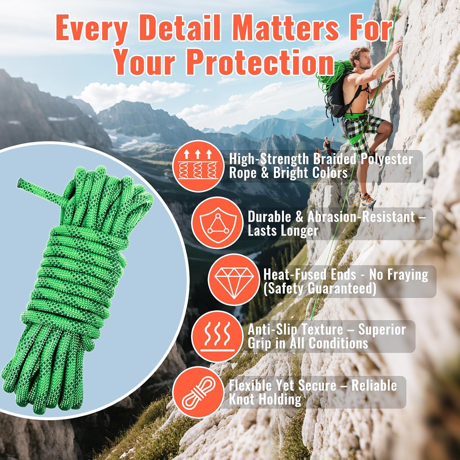 Rock Climbing Rope Static Ropes- 10.5mm 12.7mm Dia, 32FT 150FT 200FT 3825lbs-9000lbs Arborist Tree Rope Heavy Duty