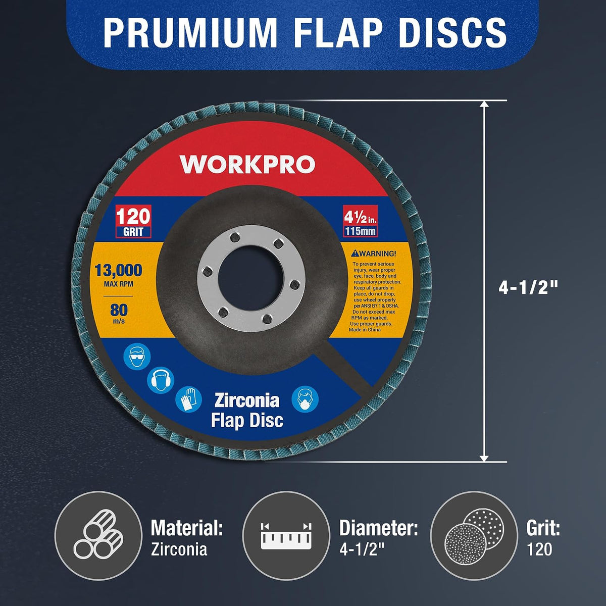 WORKPRO 10-Pack Zirconia Flap Discs, 4-1/2" x 7/8", T29, 120 Grit