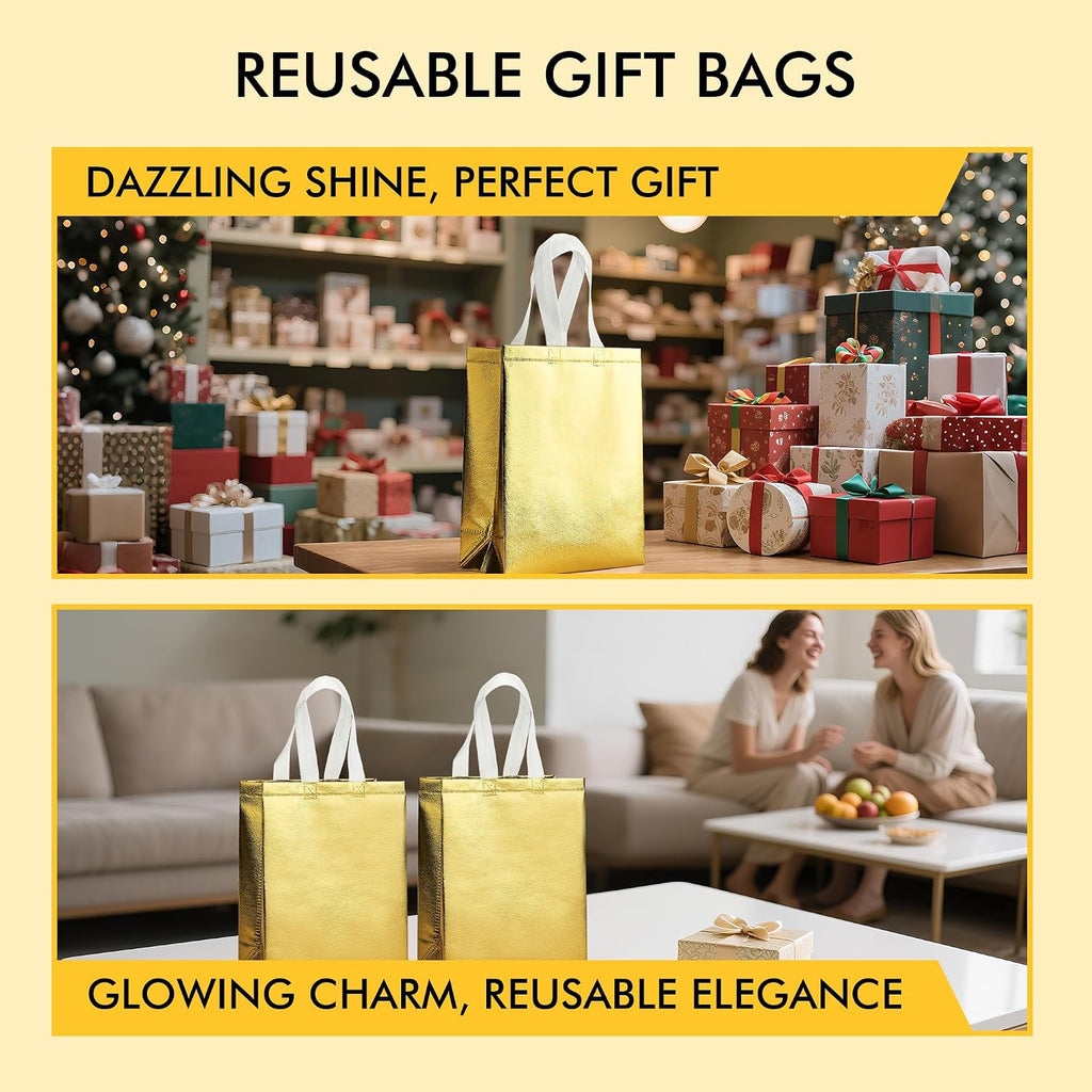 Reusable Gold Gift Bags Medium Size 15 Pack with Handles for Party