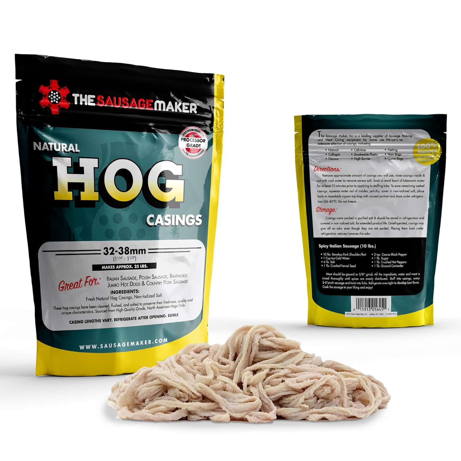 Natural Hog Sausage Casings 32-38mm, Edible Casing For Sausage Making, Stuff Over 25 Lbs Meat, Breakfast, Italian