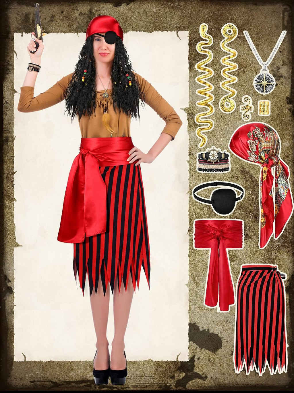 25 Pcs Pirate Costume Accessories Women Pirate Wig with Hair Net Hat Sash Belt Striped Skirt Eye Mask Snake Hair