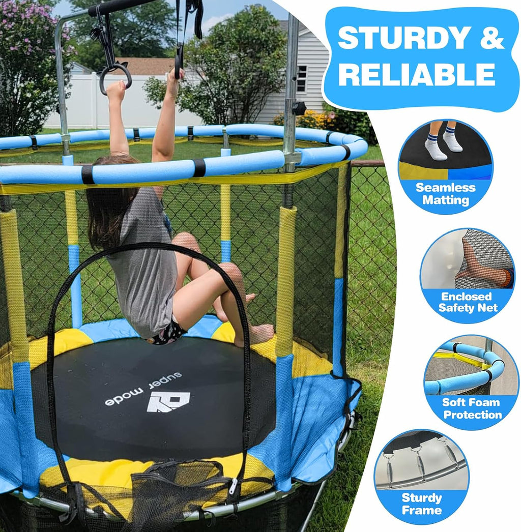 55" Indoor & Outdoor Trampoline for Kids with Enclosure, Toddler Trampoline with Adjustable Gymnastics Bar & Toys