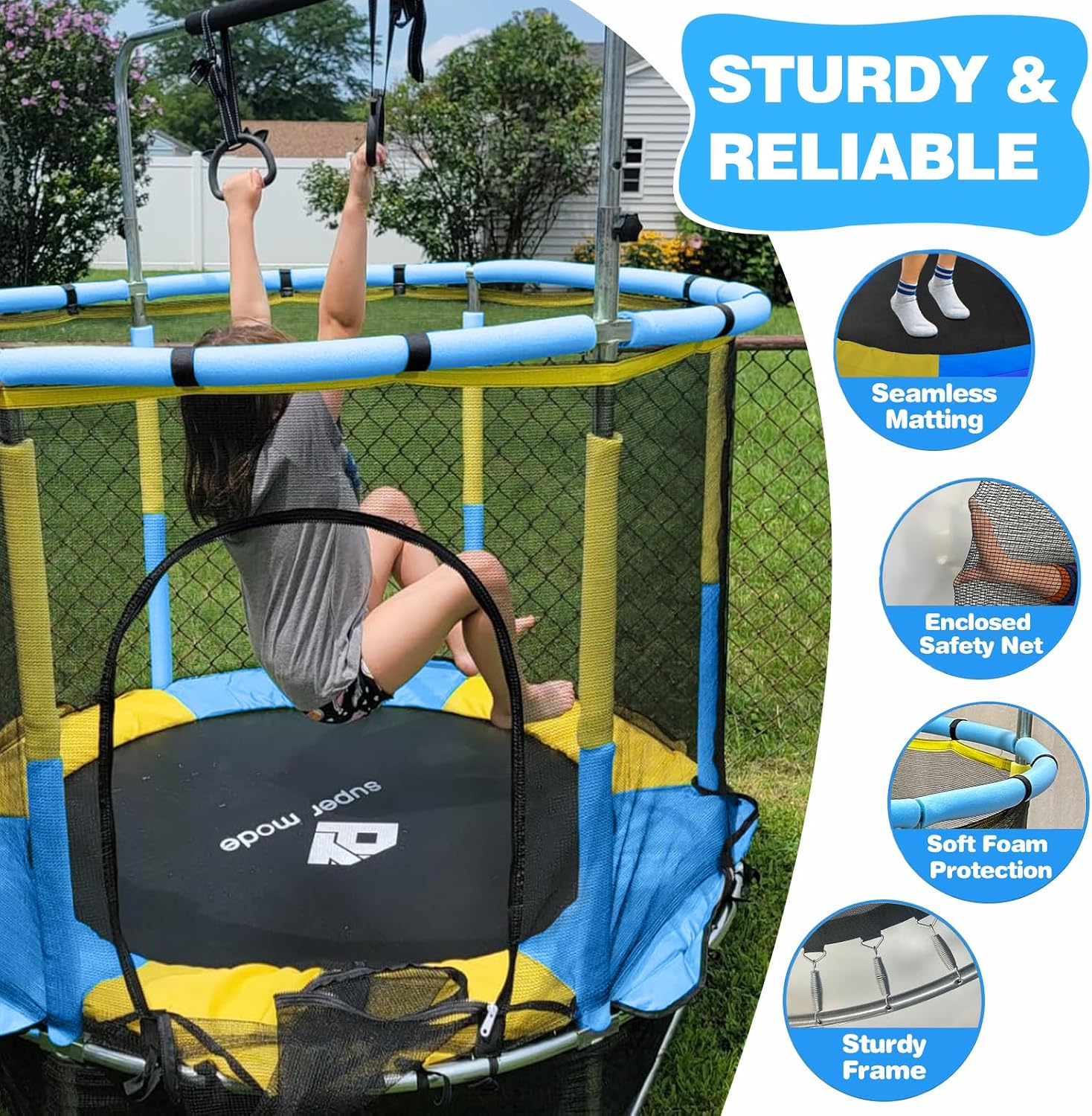 55" Indoor & Outdoor Trampoline for Kids with Enclosure, Toddler Trampoline with Adjustable Gymnastics Bar & Toys