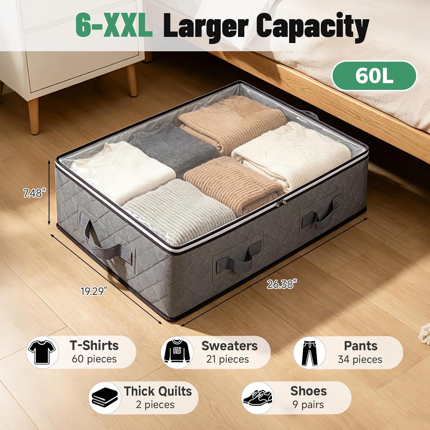 6Pack Under Bed Storage Bags, Closet Organizers and Storage Bins with Clear Window & Reinforced Handle for Clothing