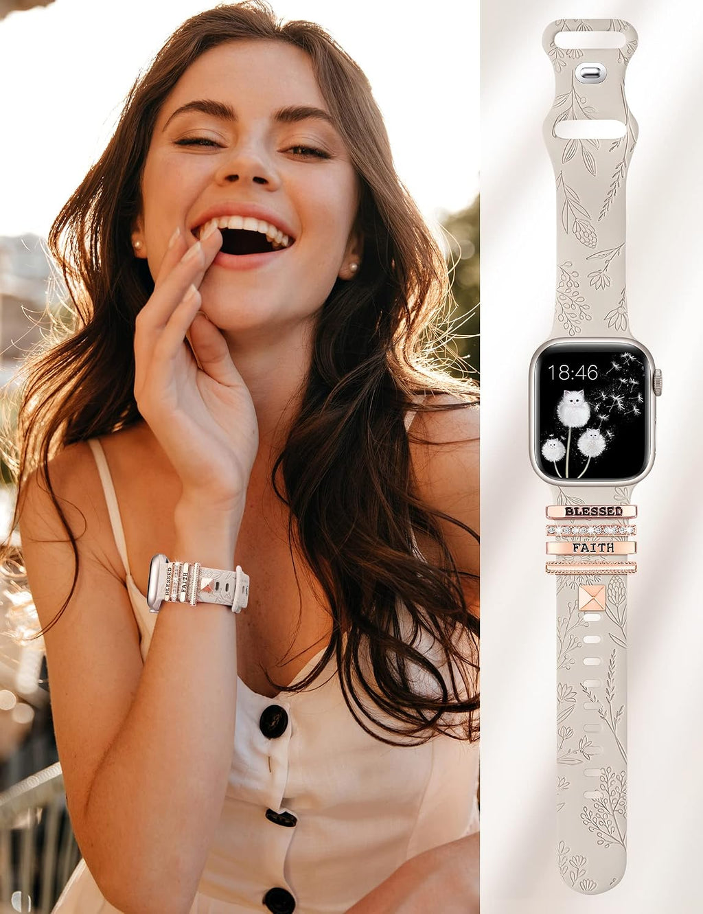 Compatible with Apple Watch Band with Charms 38/40/41/42mm Women, Decorative Ring Loop Floral Engraved Silicone Strap