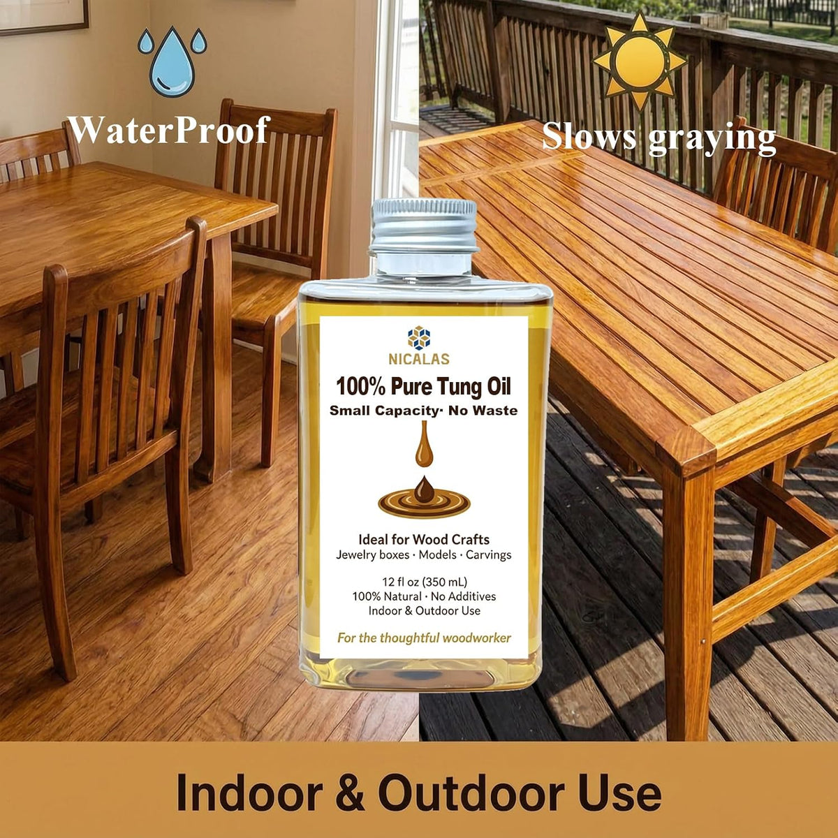 Pure Tung Oil 12oz, Natural Wood Finish for Furniture & Floors