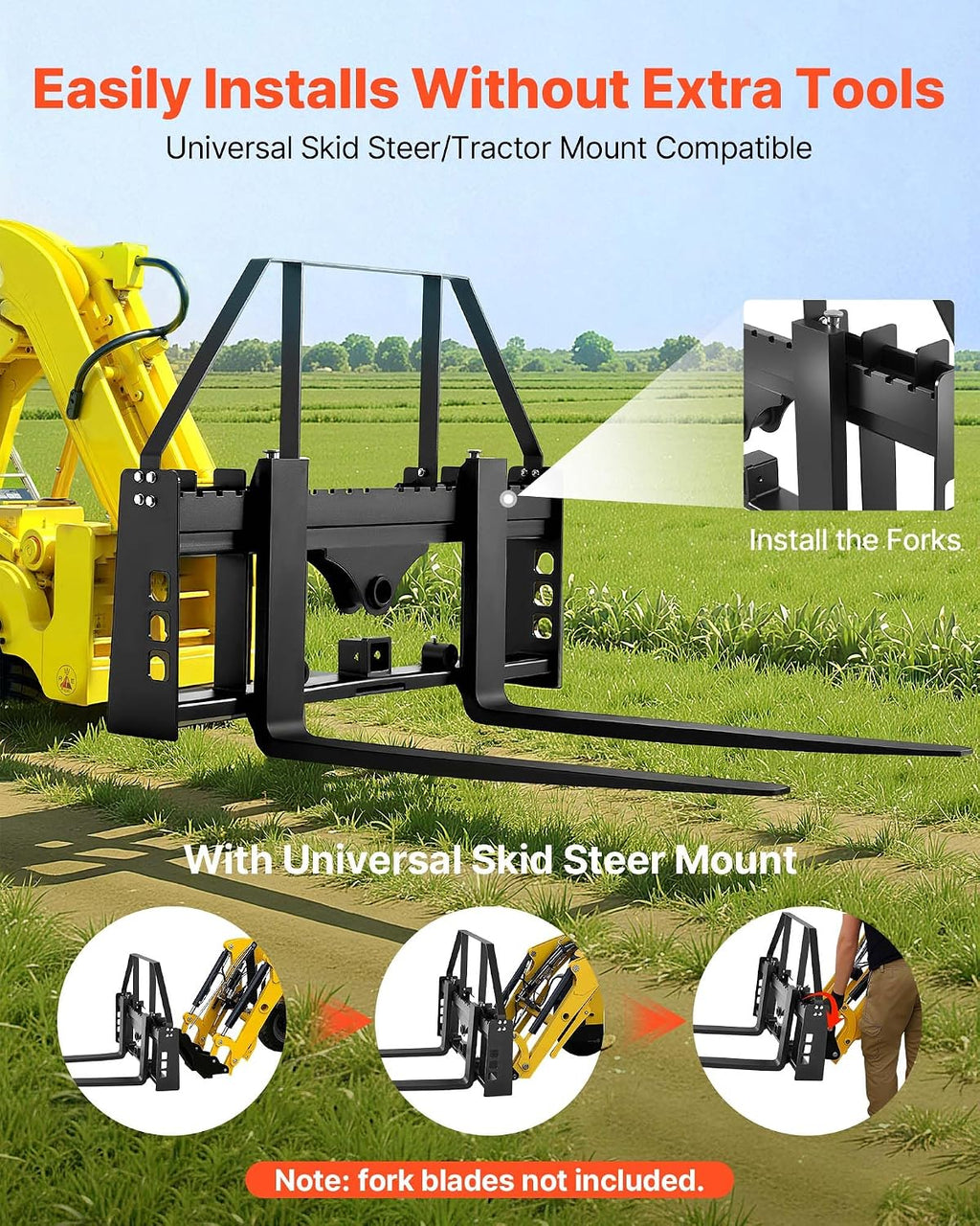 Skid Steer Pallet Fork Frame, 4000 lbs Rated Capacity, 45-inch Pallet Fork Frame Attachments with 2-inch Hitch
