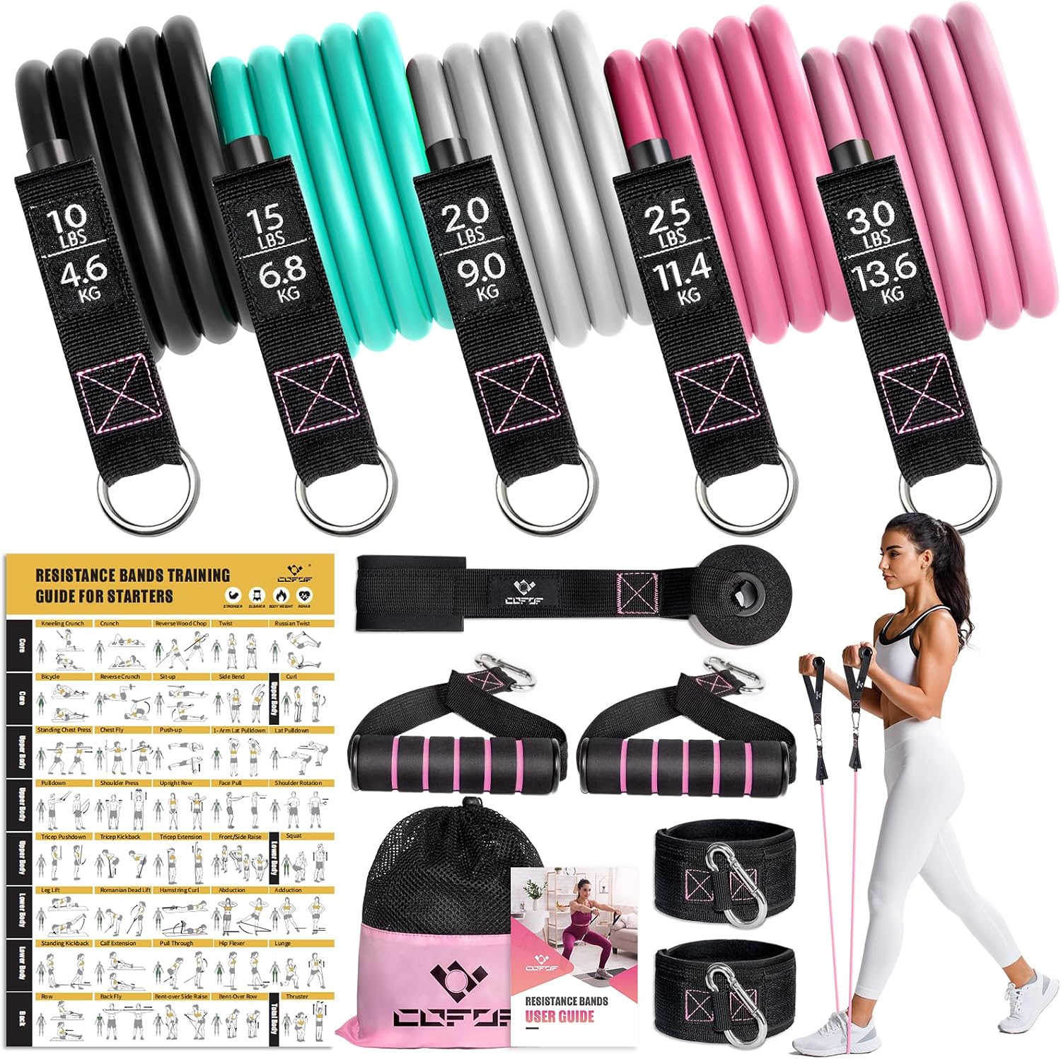 Resistance Bands with Handles for Women, 5 Level Exercise Bands | Workout Bands for Physical Therapy, Yoga, Pilates
