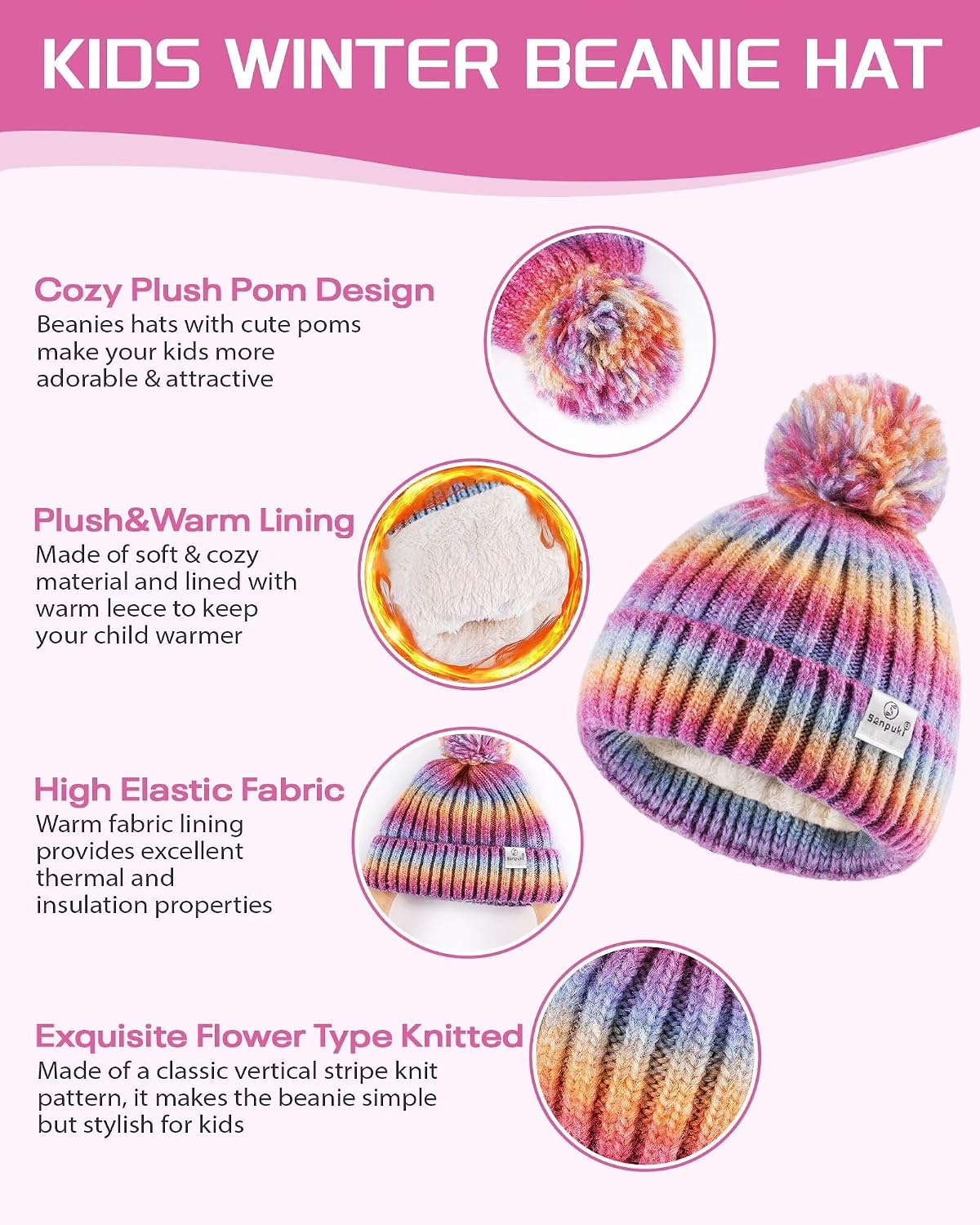 Kids Winter Beanie Gloves Scarf Set,Girls Toddler Winter Hat With Pom Neck Warmer Gaiter Mittens Fleece Lined Set