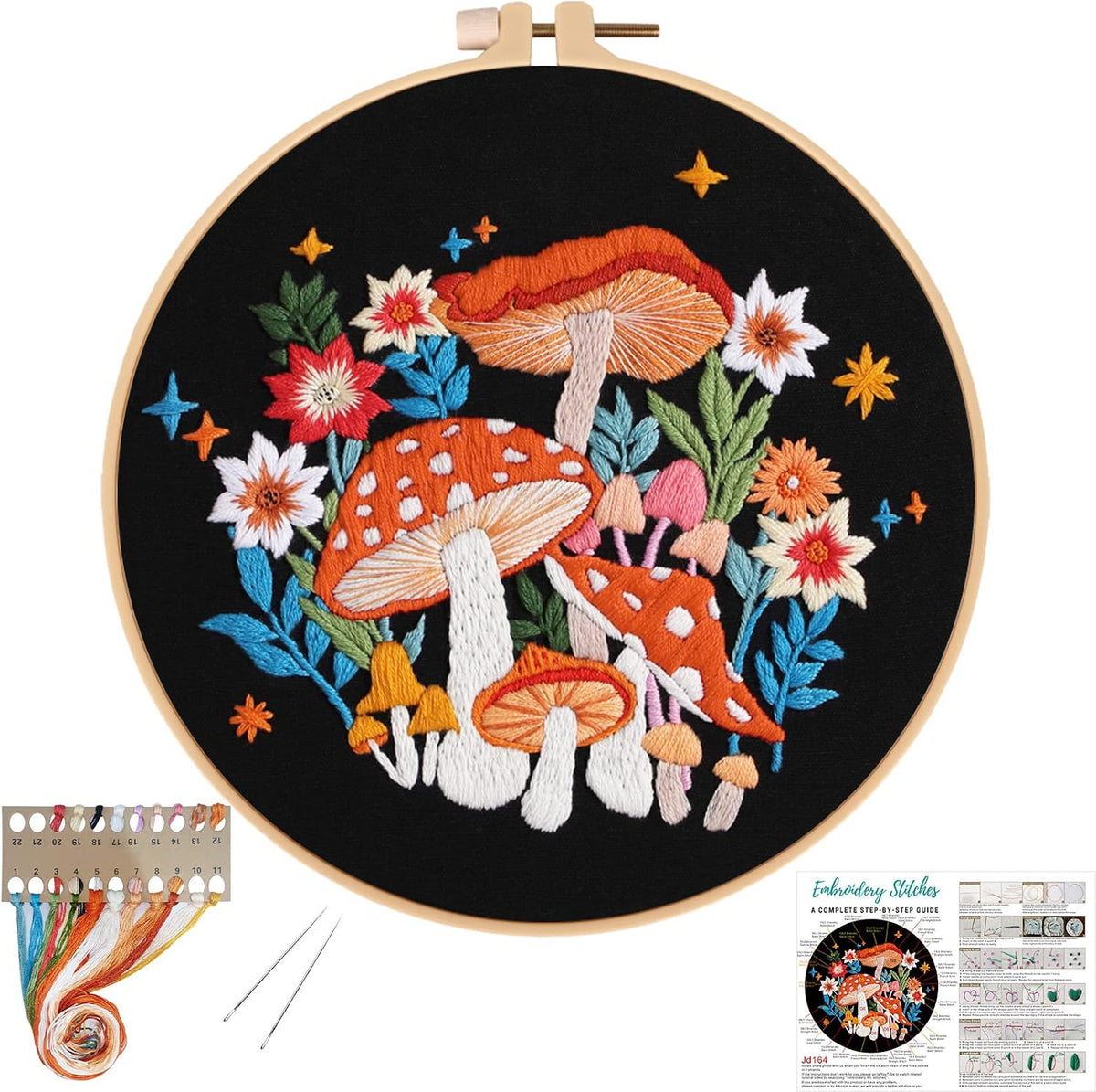 Mushroom Embroidery Kit for Beginners, DIY Adults Needlepoint | All-In-One Cross Stitch Kits with Hoop and Threads.