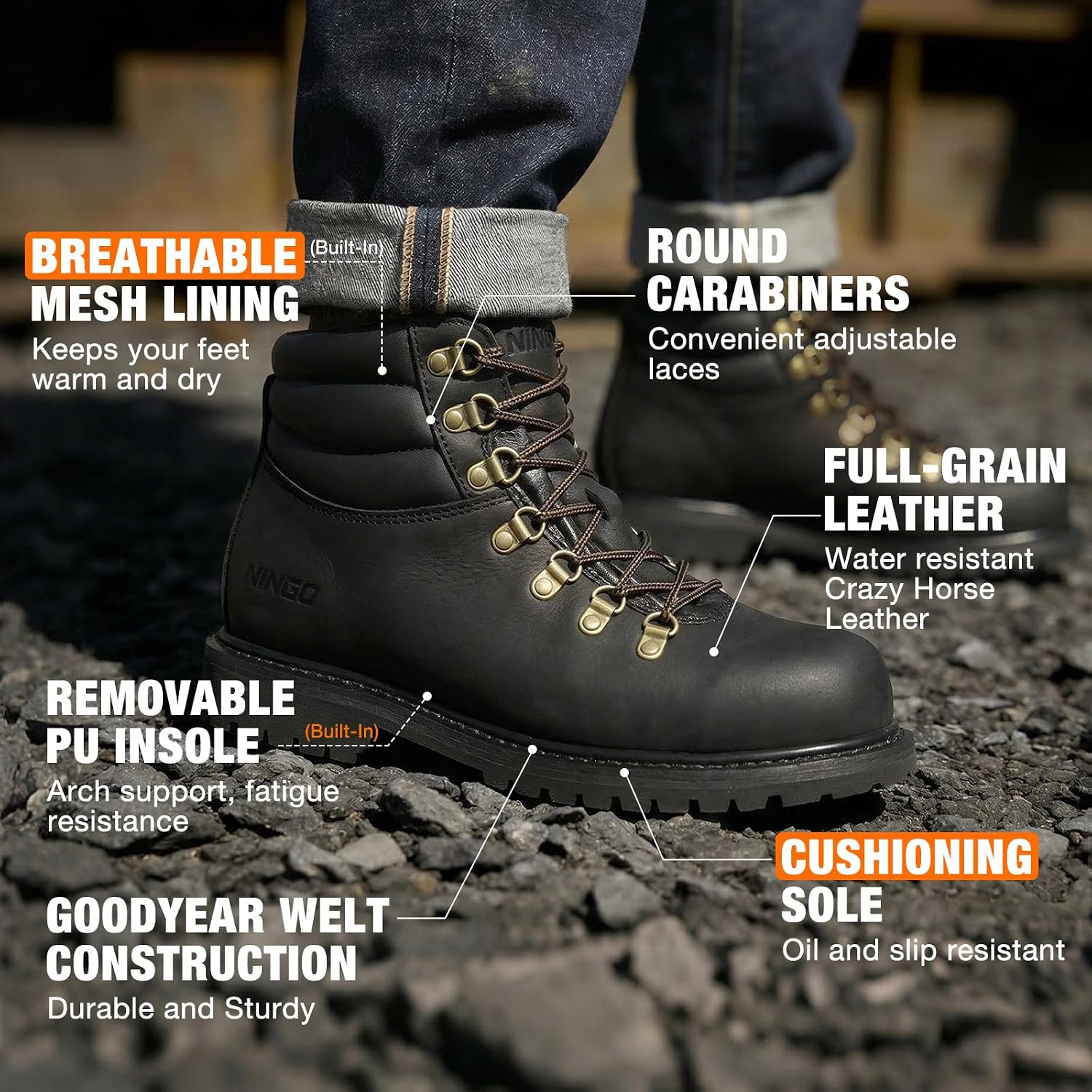 Steel Toe Work Boots for Men, Water Resistant Durable Crazy Horse Leather Construction Boots, Goodyear Welt Non Slip