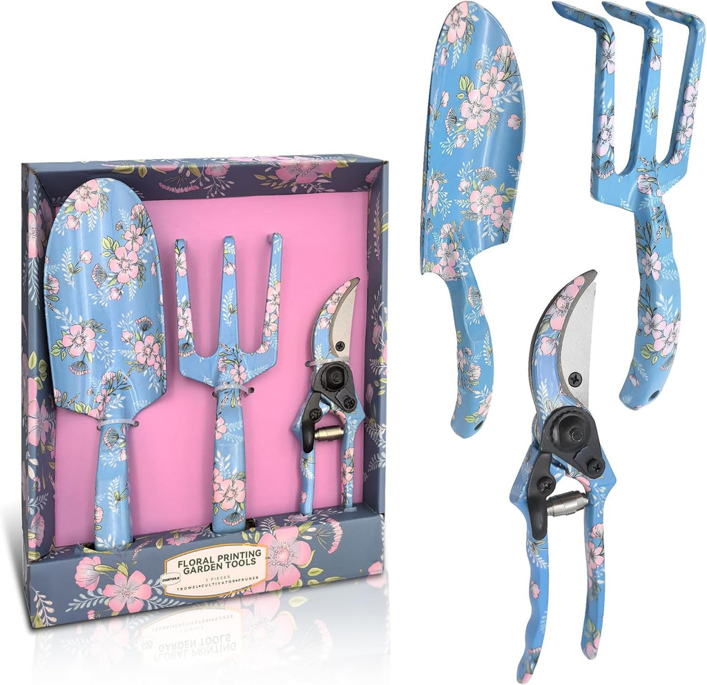 Garden Tool Set, 3 Piece Floral Gardening Tools for Women, Aluminum Gardening Hand Tools with Trowel, Hand Rake &