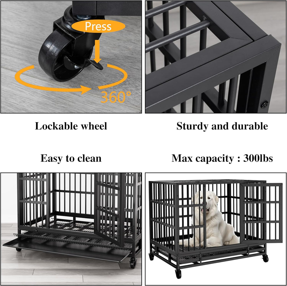JY QAQA Heavy Duty Dog Crate, 38 Inch Indestructible Metal Kennel with Double Doors, Escape Proof Cage for Large Dogs