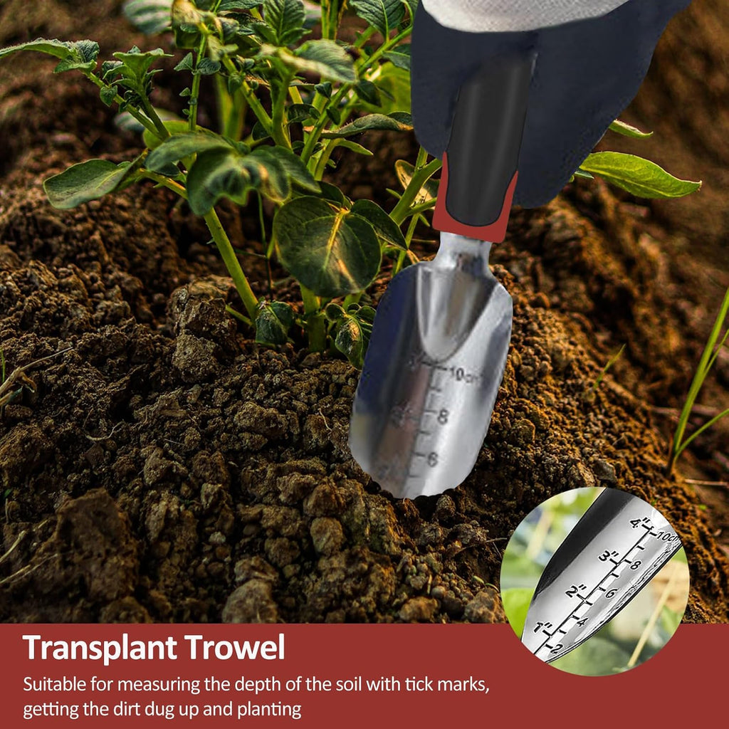 Garden Tool Set, 3 Piece Gardening Tools Includes Garden Trowel, Transplant Trowel and Hand Rake with Non-Slip