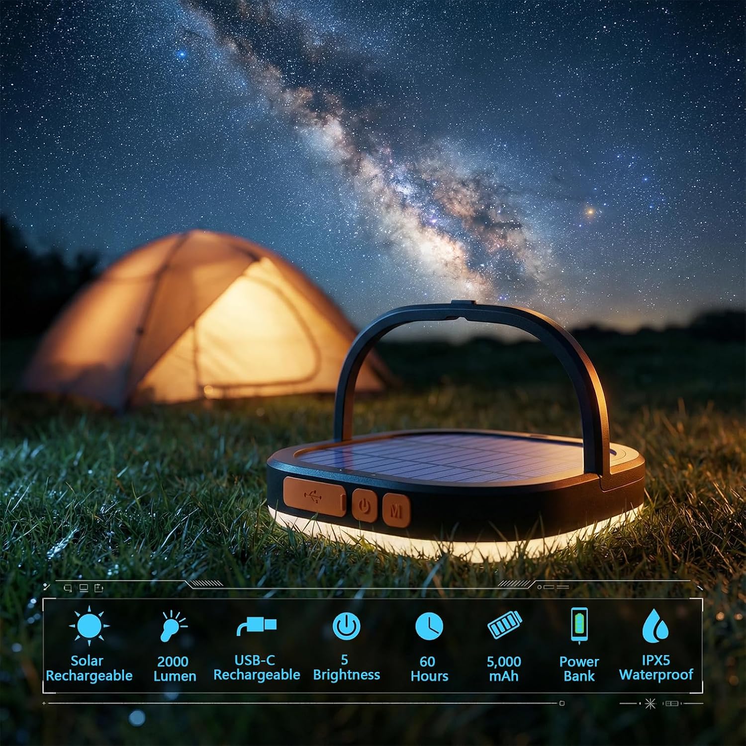 LED Camping Lantern, Solar Lanterns, 5000mAh Rechargeable Light 2000 Lumens 5 Light Modes, IP65 Waterproof with USB