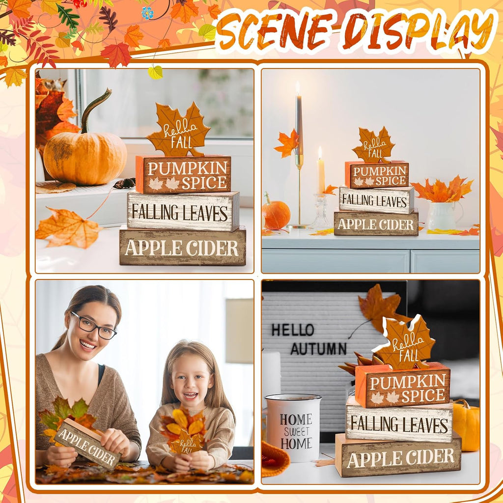 4 Pcs Fall Decor Wooden Maple Leaf Decoration Thanksgiving Tiered Tray Decor Rustic Wooden Maple Leaf Block Sign