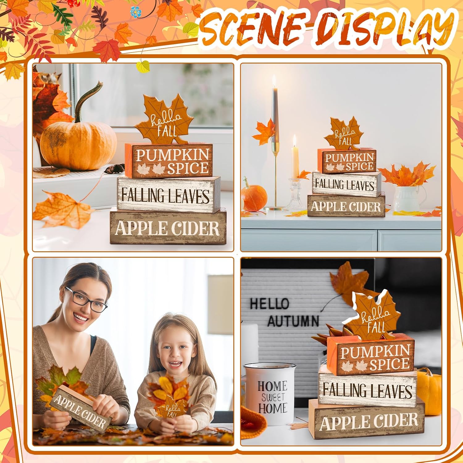4 Pcs Fall Decor Wooden Maple Leaf Decoration Thanksgiving Tiered Tray Decor Rustic Wooden Maple Leaf Block Sign