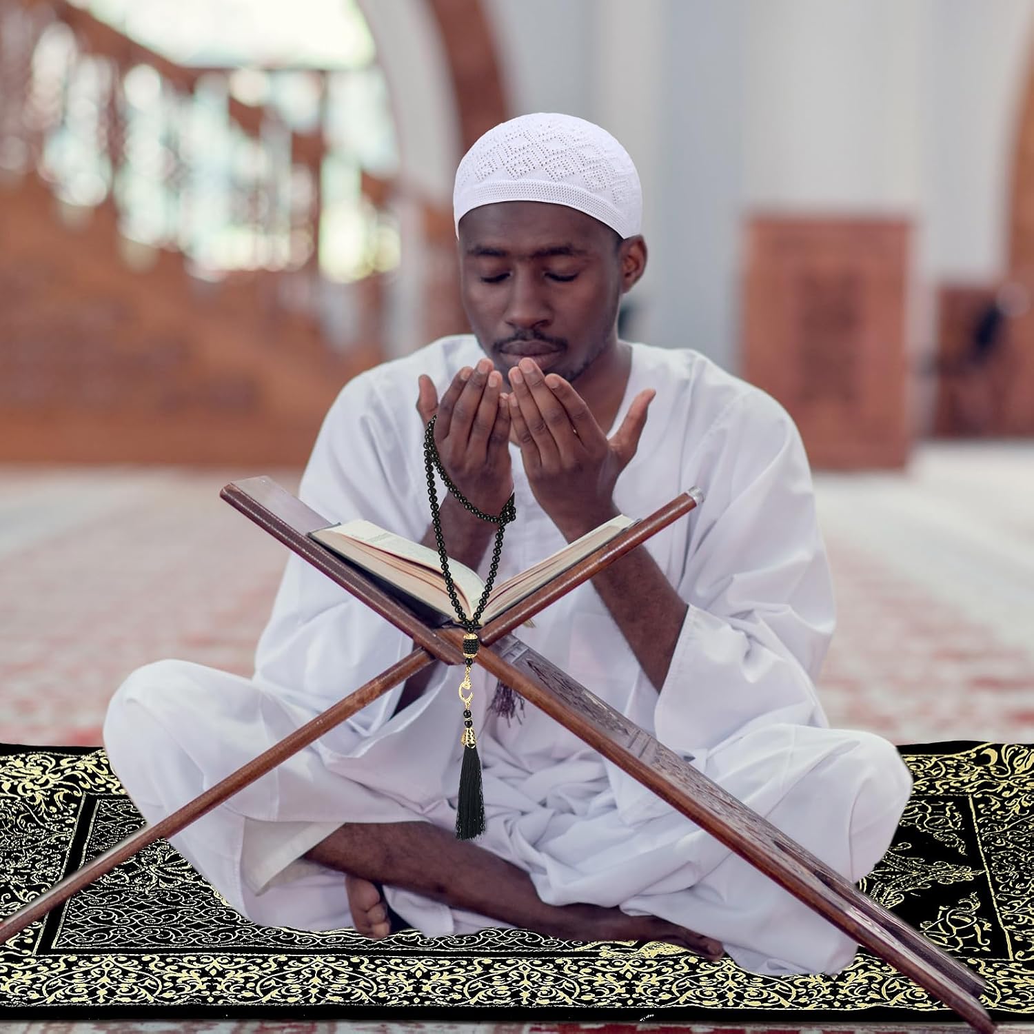 10 Pcs Muslim Prayer Rug Islamic Prayer Mat with Kufi Hats Prayer Cap, Muslim Tasbih Prayer Beads, Portable Compass