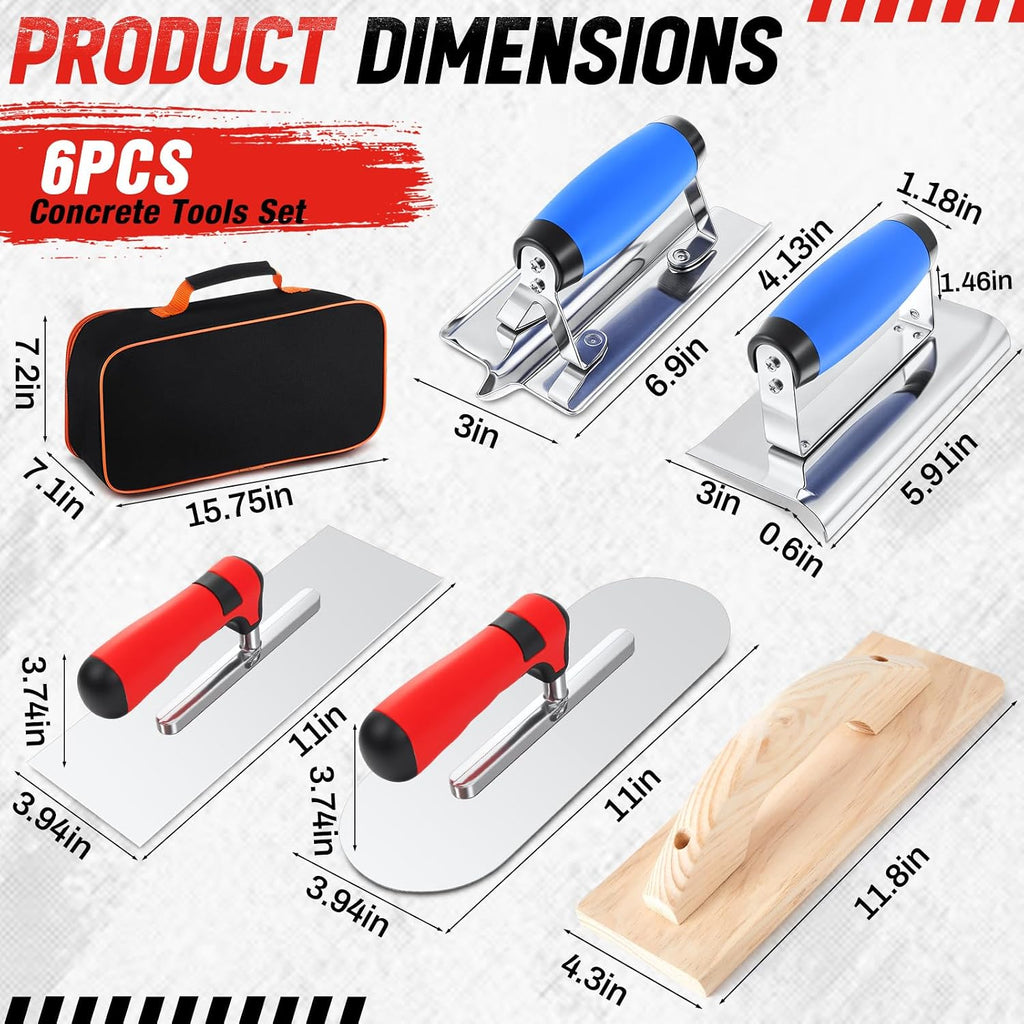 6pcs Concrete Hand Tools Set Masonry Tools Includes Stainless Steel Concrete Hand Edger, Groover, Wood Float
