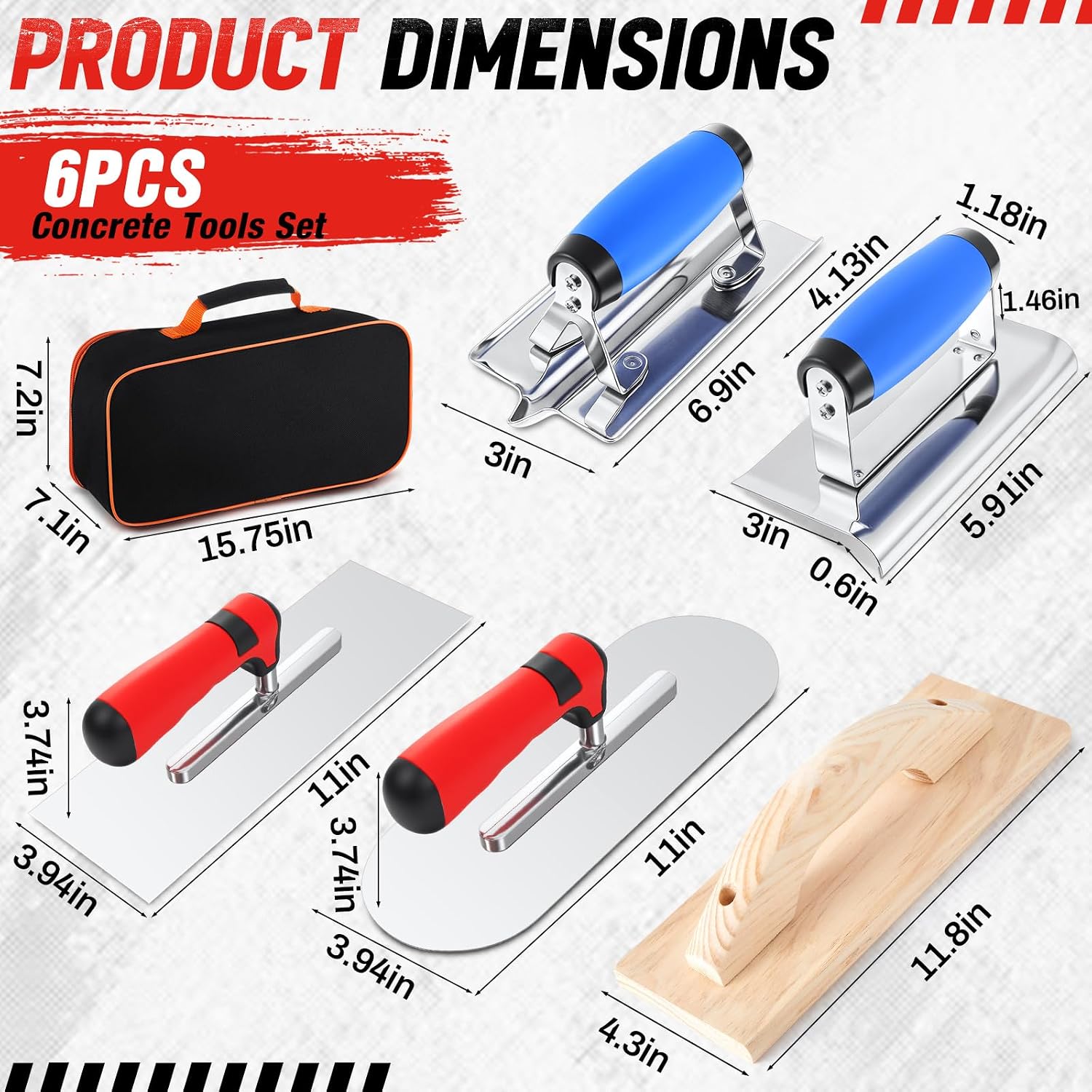 6pcs Concrete Hand Tools Set Masonry Tools Includes Stainless Steel Concrete Hand Edger, Groover, Wood Float