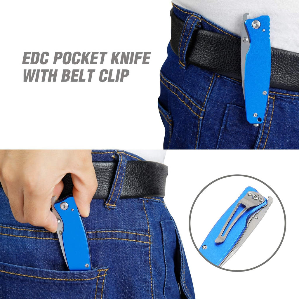 7-inch Folding Pocket Knife, Blue | Stainless Steel Drop Point Blade Knife EDC, Multi-Functional Tool with Bottle