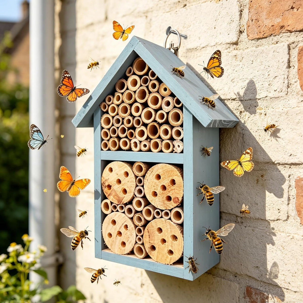 Hanging Bee House Wooden Insect House 9inch–Small Solitary Bee Hive for Garden, Beneficial Insect Habitat for