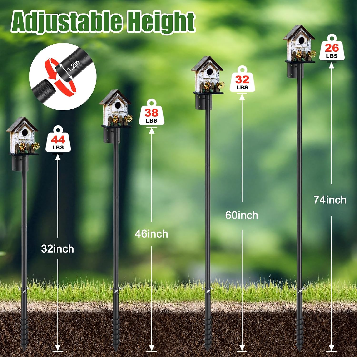 Bird Feeder Poles for Outdoors, Heavy Duty 60 Inch Birdhouse Stand Stake 1.2 Inch Diameter Metal Bird Mounting Pole