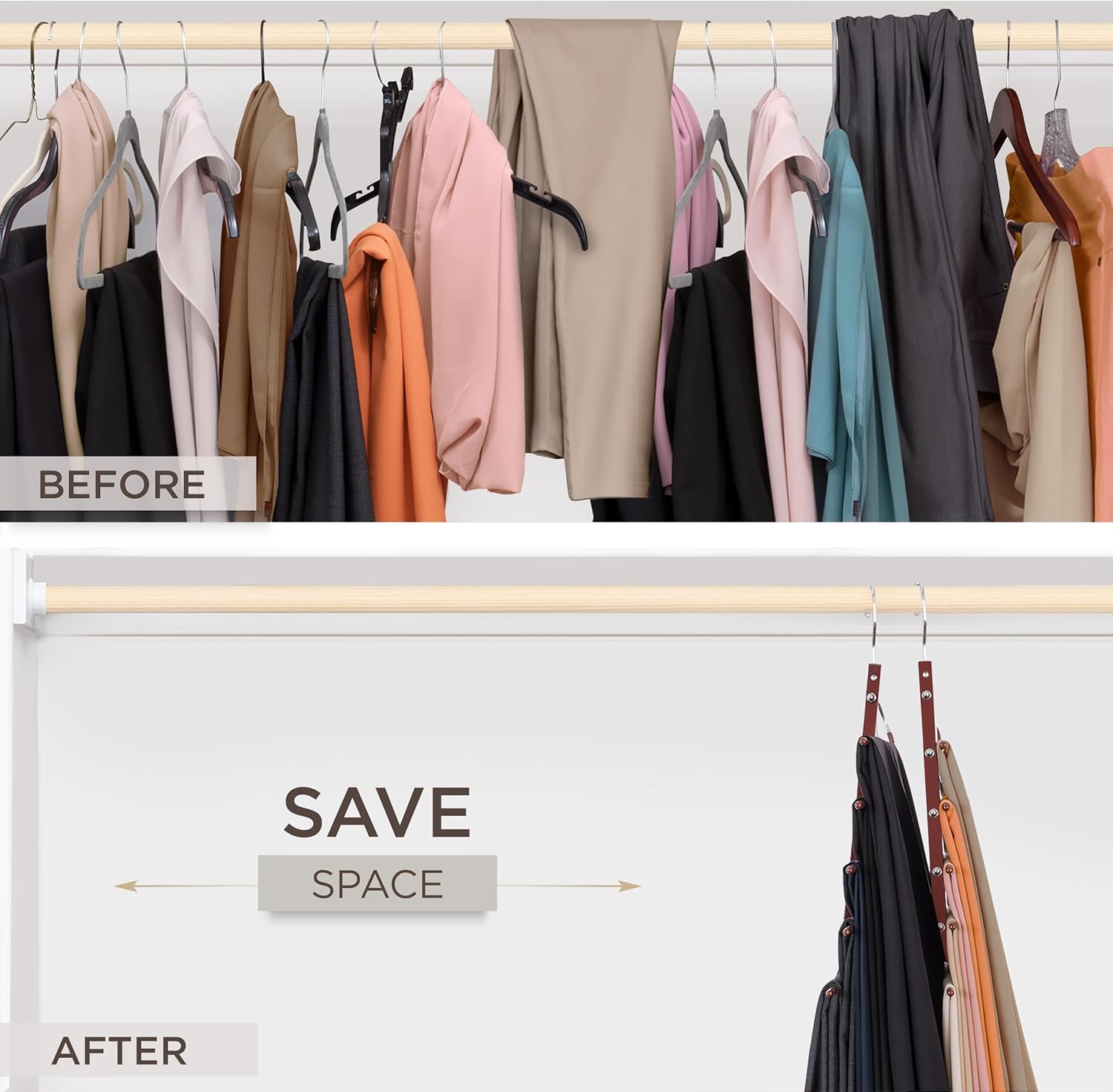 Pants Hangers Space Saving - 2 Pack European Beechwood Scarf and Jean Hangers - Closet Organizer and Space Saver Pant