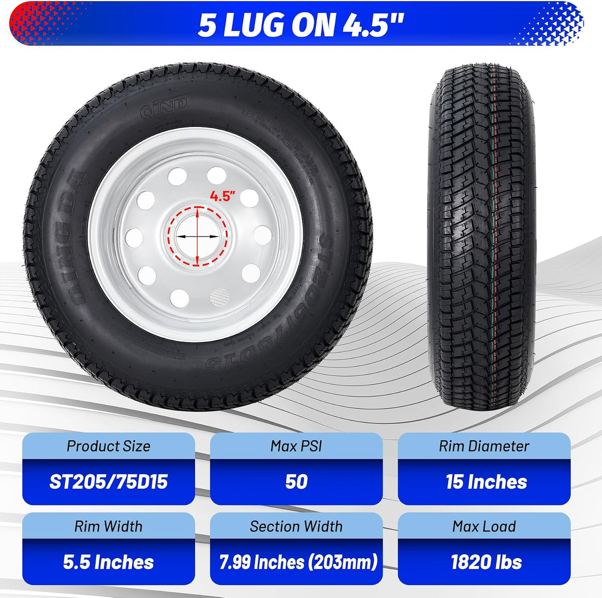 ST205/75D15 Trailer Tires with 15 in Rims, 5 Lug on 4.5 in, Load Range C, 6PR