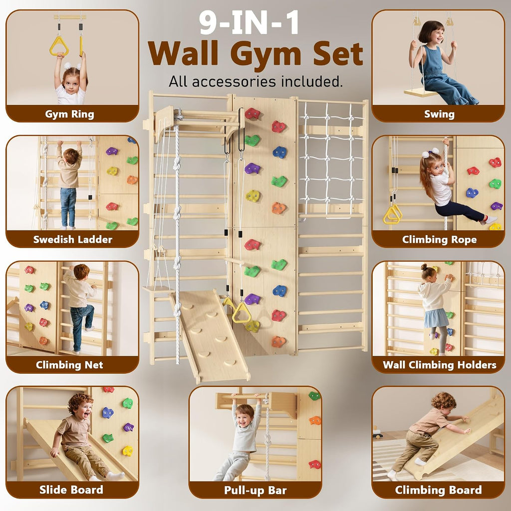 9-in-1 Swedish Ladder Wall Gym & Climber, 94.5'' Wooden Wall-Mounted Climbing Set with Double-Sided Slide, Swing