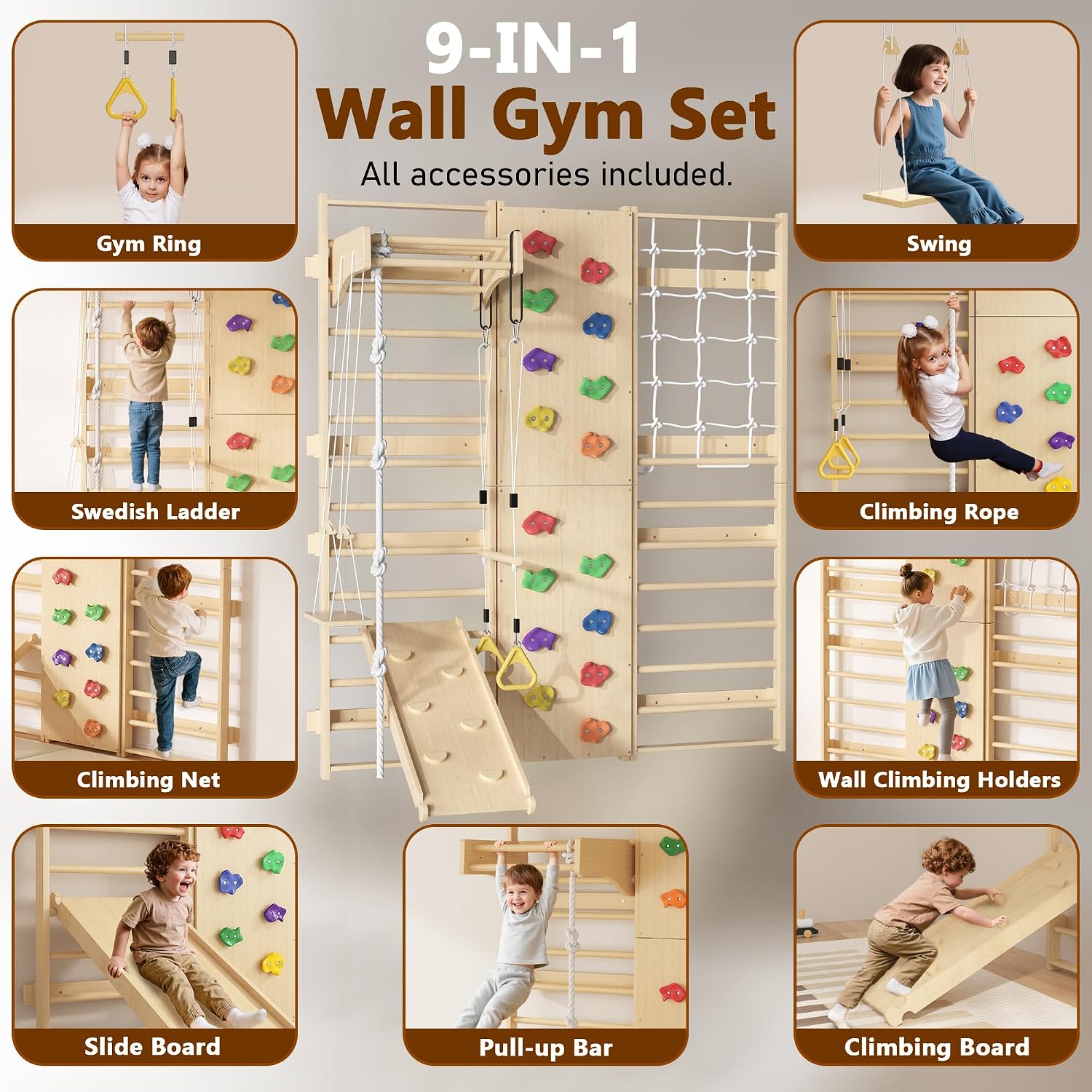 9-in-1 Swedish Ladder Wall Gym & Climber, 94.5'' Wooden Wall-Mounted Climbing Set with Double-Sided Slide, Swing