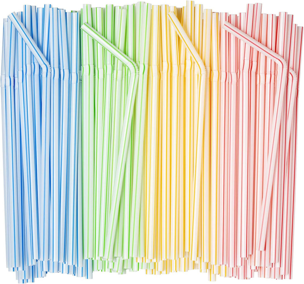 [400 Pack] 7.75"High Flexible Plastic Straws, Disposable Drinking Straws - Striped Assorted Colors