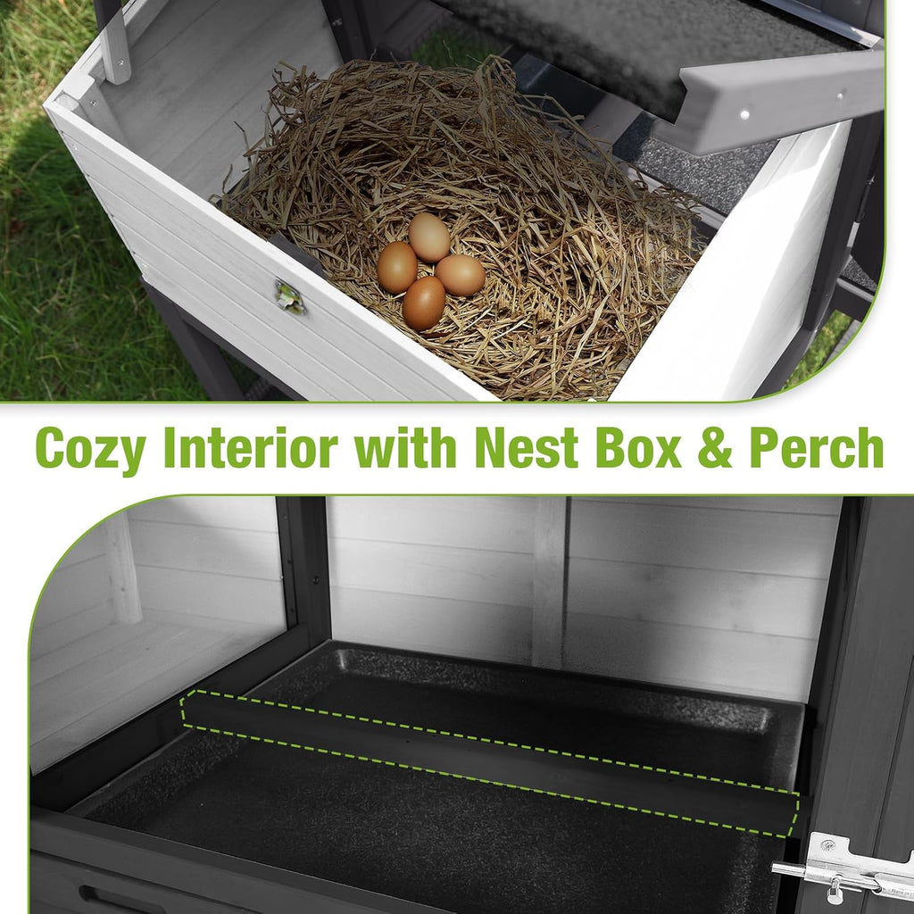 Mobile Chicken Tractor with 2 Nesting Boxes, 81" Large Wooden Chicken Coop for 2-4 Chickens, Predator Proof Poultry