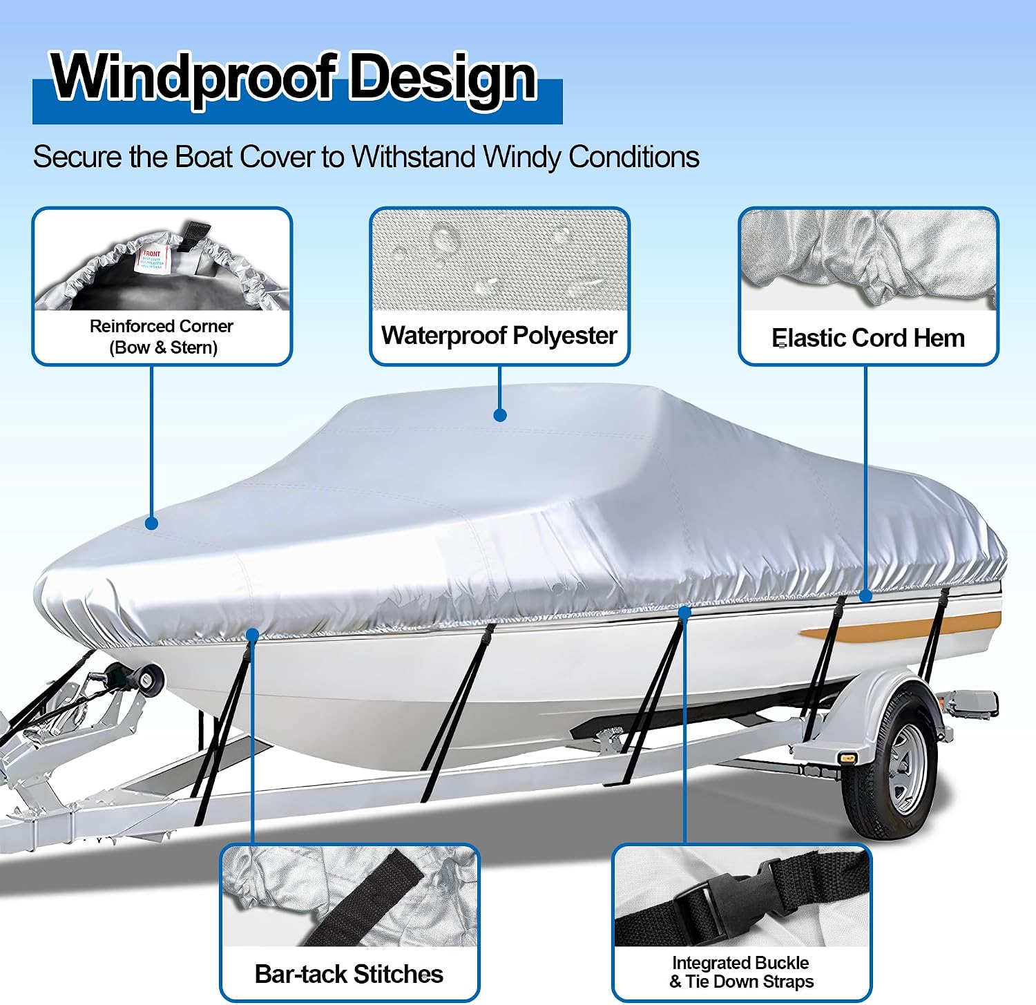 iCOVER Trailerable Boat Cover- 16'-18.5' Heavy Duty Waterproof Tarp Covers with Storage Bag, Fits V-Hull, Fish&Ski