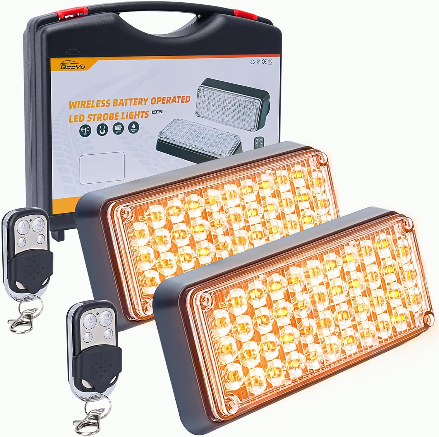 Amber Magnetic Flashing Strobe Light/w Controller, Battery Operated Rechargeable LED Safety Beacon Lights, Mini