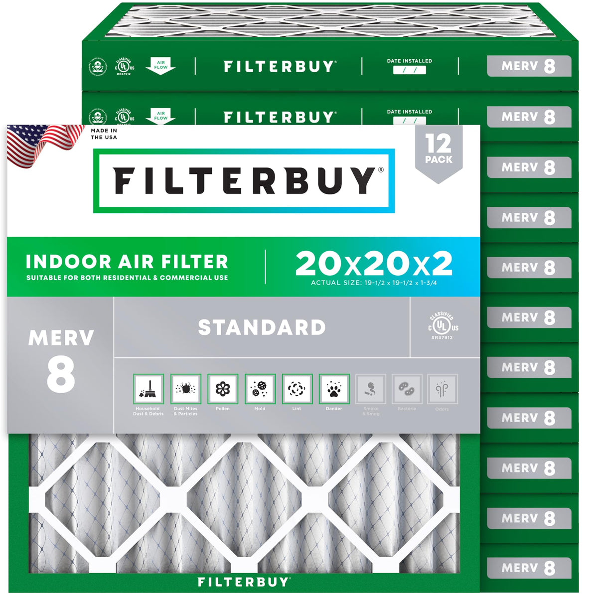 20x20x2 Air Filter MERV 8 Dust & Allergy Defense (12-Pack)