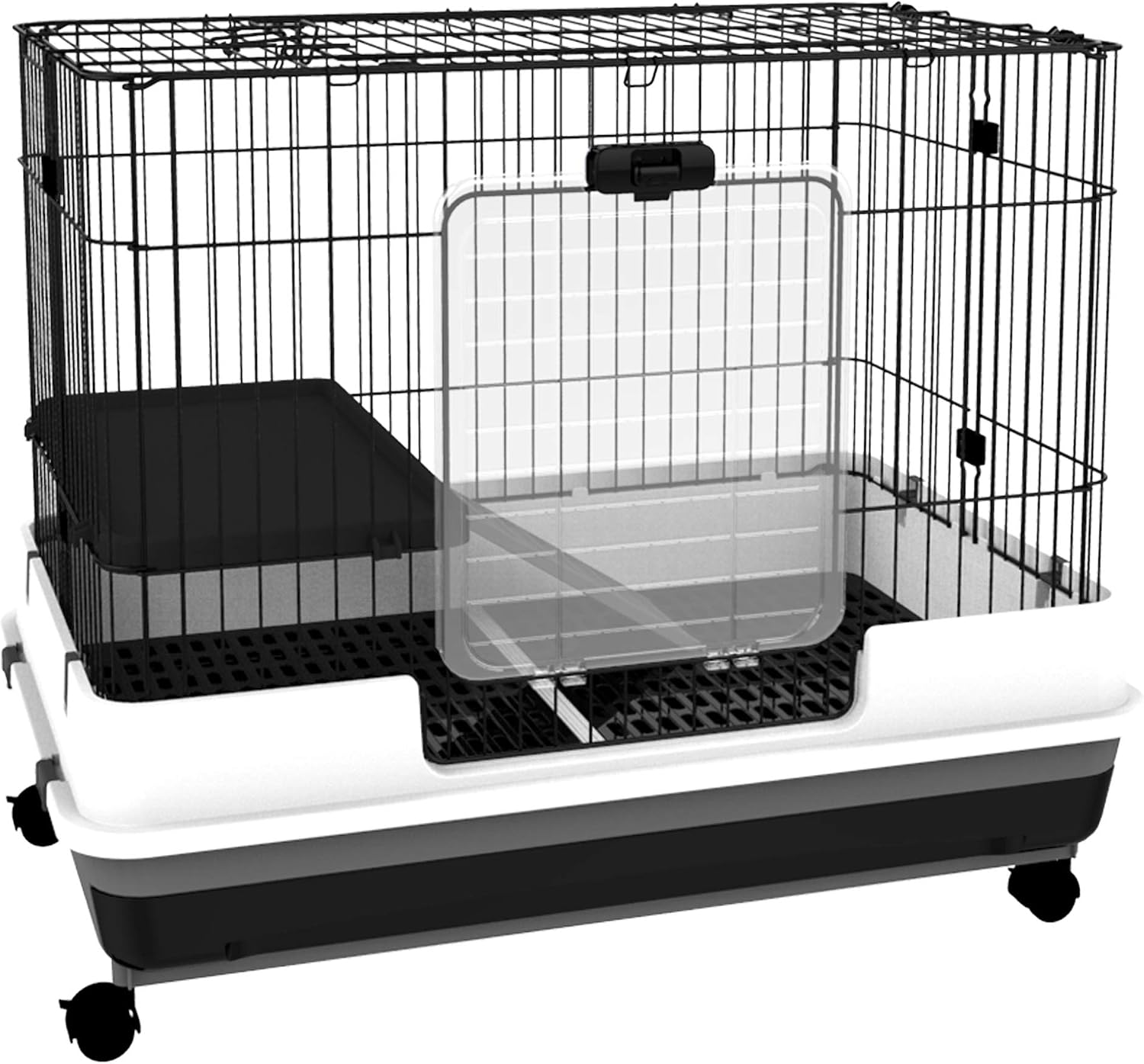 2-Level Small Animal Cage Rabbit Hutch with Wheels for Bunny Black | Removable Tray, Platform and Ramp