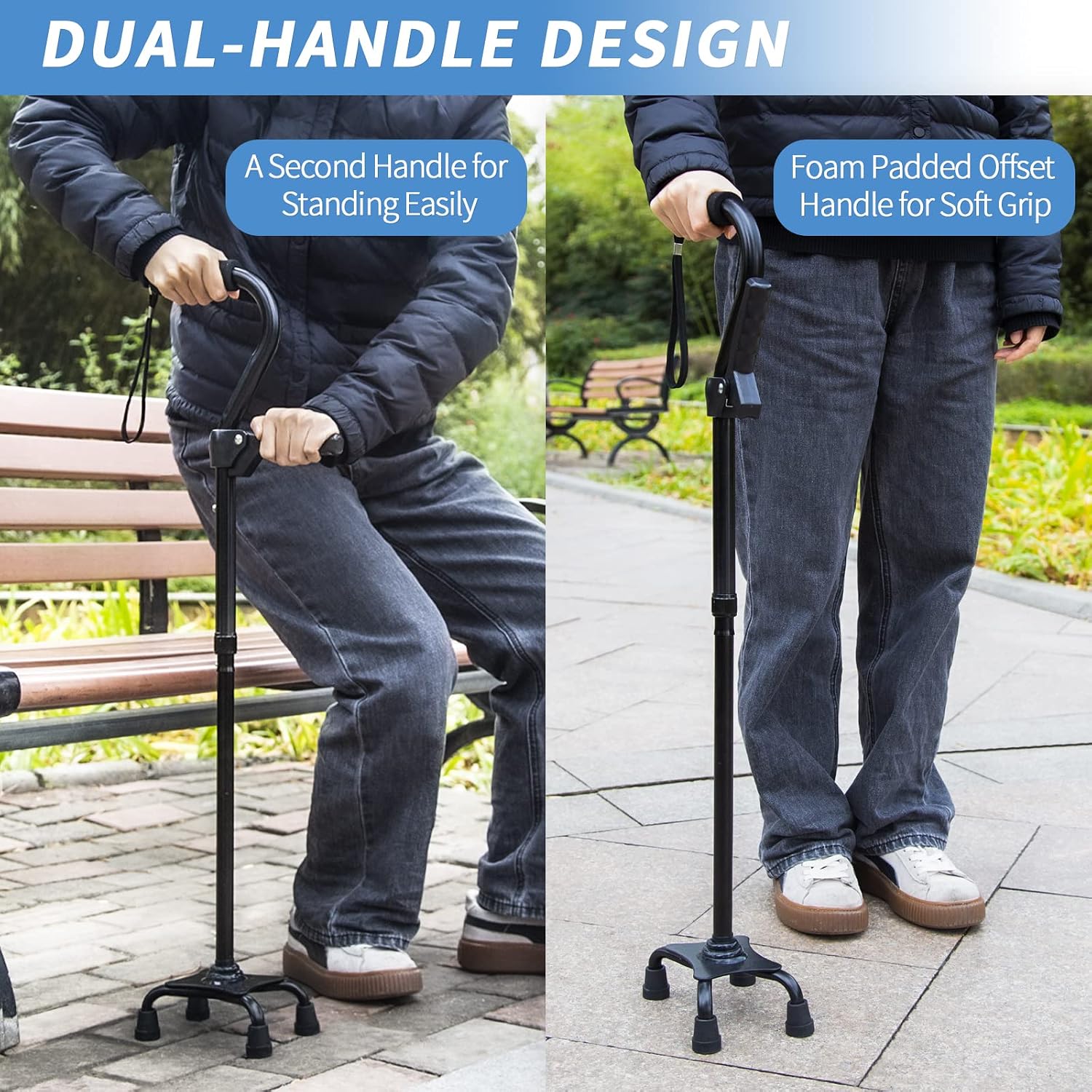 Adjustable Walking Cane for Men & Women with 4-Pronged Base for Extra Stability - Foldable Cane for Seniors with Foam