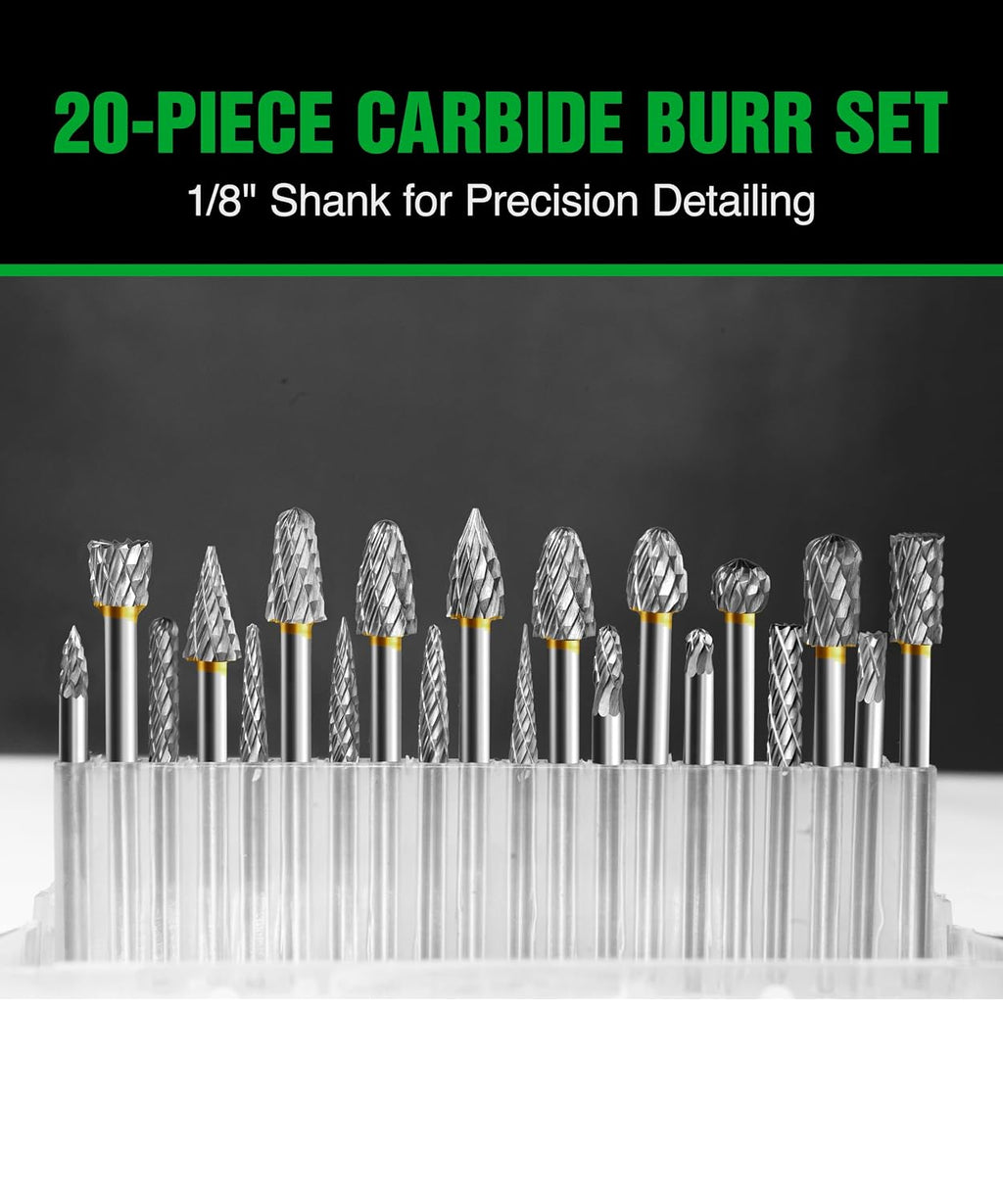 1/8 In Carbide Burr Set 20-Pc Double Cut Die Grinder Bits for Metal