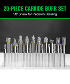 1/8 In Carbide Burr Set 20-Pc Double Cut Die Grinder Bits for Metal