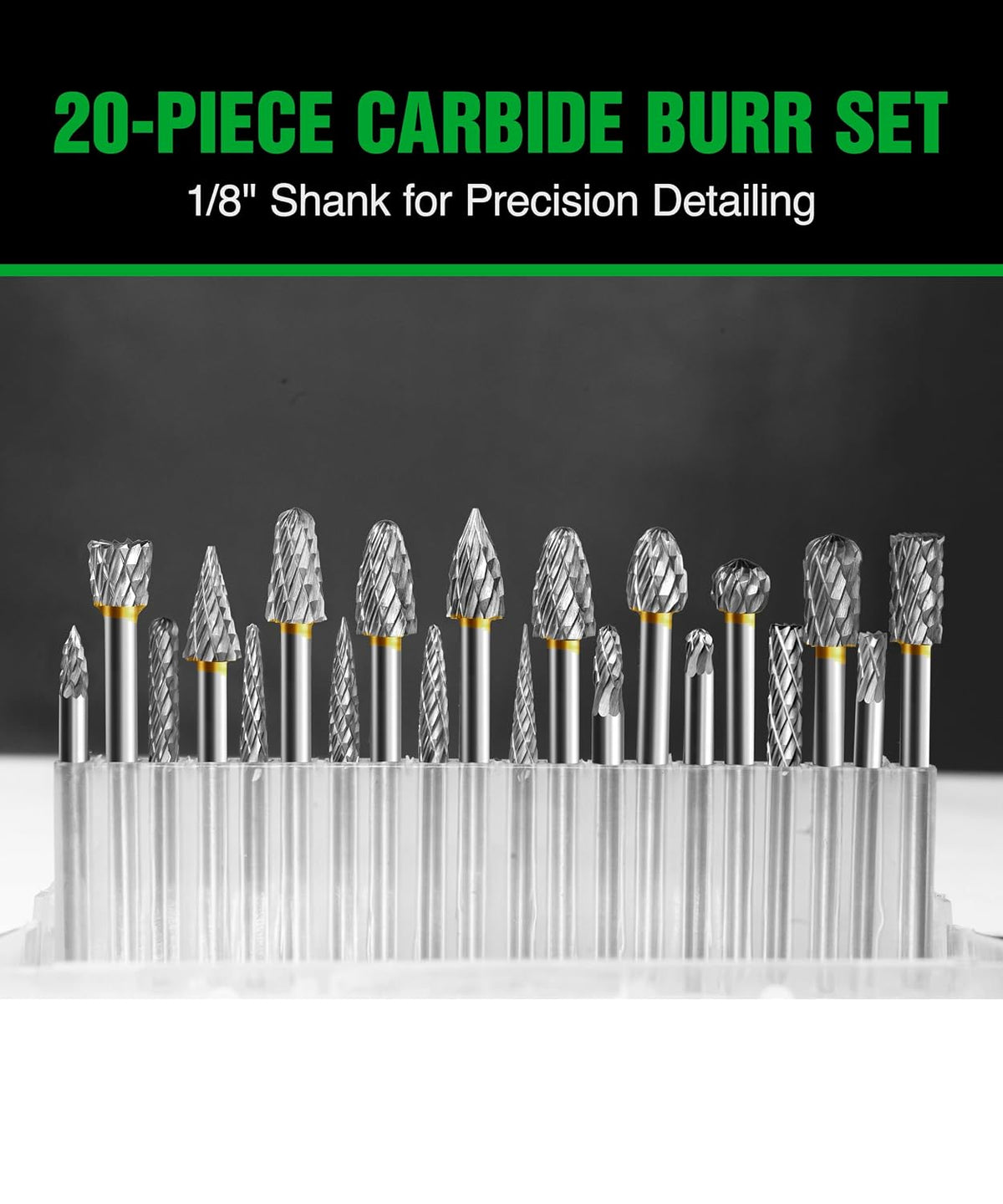 1/8 In Carbide Burr Set 20-Pc Double Cut Die Grinder Bits for Metal